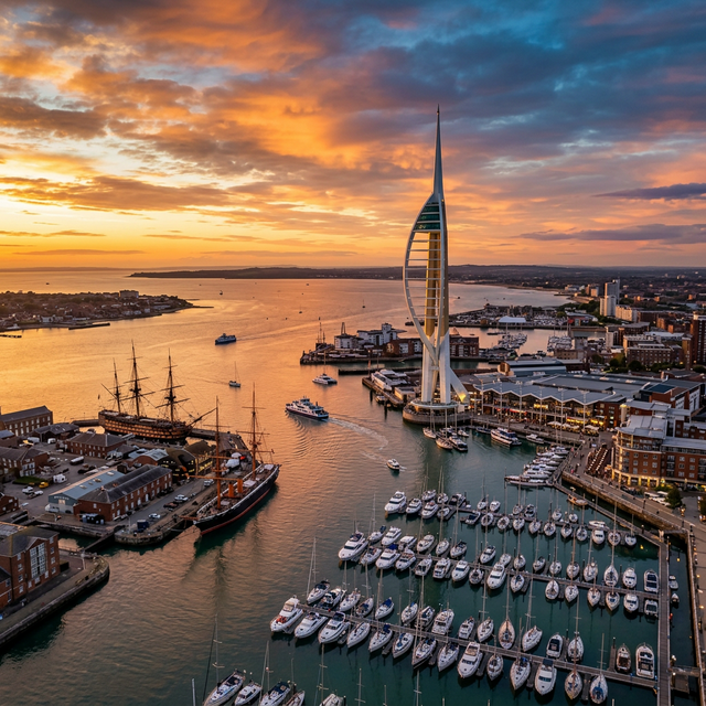 Aerial view of Plymouth Hoe and harbour at golden hour